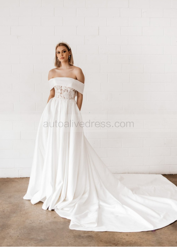 Off Shoulder Ivory Lace Satin Open Back Sweet Wedding Dress Off Shoulder Ivory Lace Satin Open Back Sweet Wedding Dress